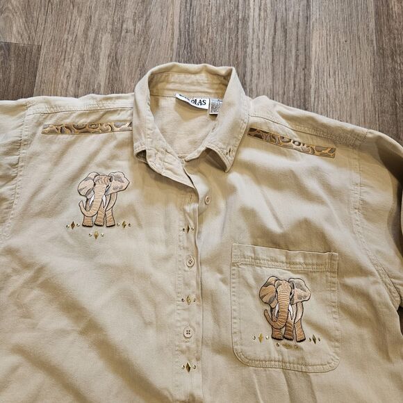 Vtg Elephant Safari Top Womens S Beige Embroidered Utility Boho Retro Artsy 90s - Picture 2 of 8